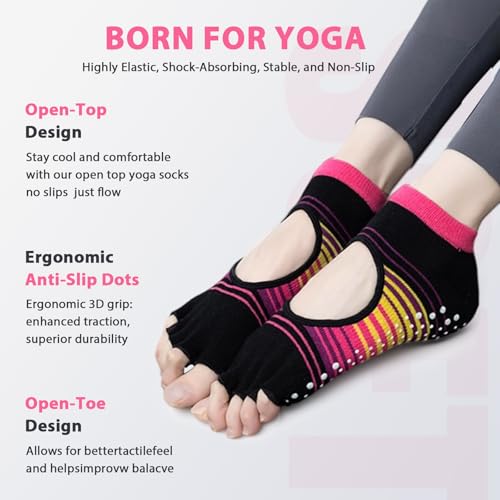 Image of Non Slip Pilates Grip Socks for Women Yoga Barre Knitted Cotton | Full Foot Sticky Silicone,Soft Breathable Comfortable,Durable Washable Anti Skid,Gentle Arch Compression Support
