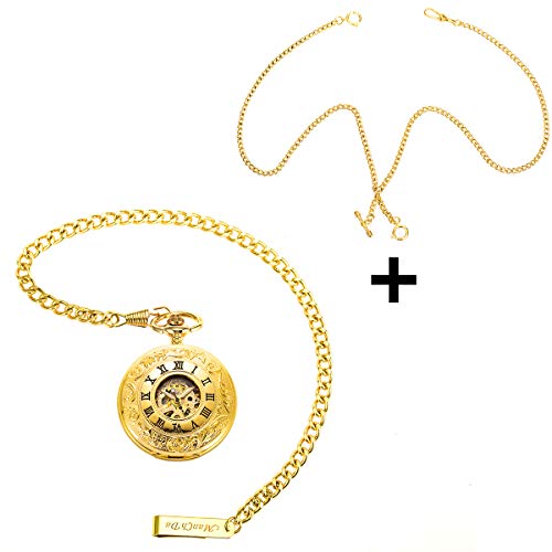 ManChDa Pocket Watch - Double Engraved Skeleton Dial Retro Mens Mechanical Watch Golden Movement with Chain + Gift Box