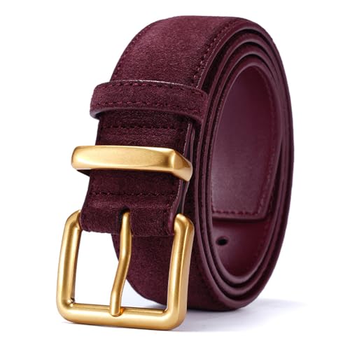 Wide Suede Belt Women Genuine Leather Ladies Waist Belt for Jeans Dress Casual Square Gold Buckle, 1.3"(33mm) Wide Ancora Red, Fits waist size: 26"-35"