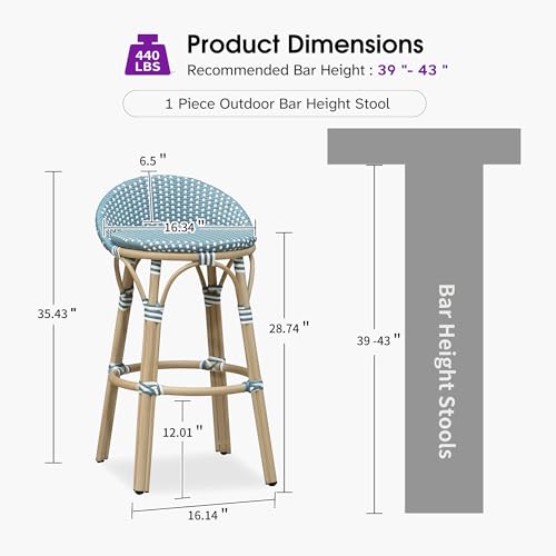 Image of PURPLE LEAF Patio Oversized Backrest Bar Height Stool Set of 1 Outdoor Round Barstools Aluminum Frame in Champagne Finish Woven Rattan for Indoor Kitchen Dining Bistros Cafe Restaurant Light Blue