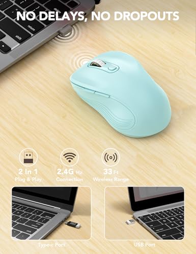Image of Trueque Wireless Mouse for Laptop, Ergonomic 6-Button Mouse, Light Blue | 2.4GHz USB receiver, back /forward buttons, 3 adjustable DPI levels, silent clicks, USB-C adapter, Windows /Mac /Chrome OS /Linux