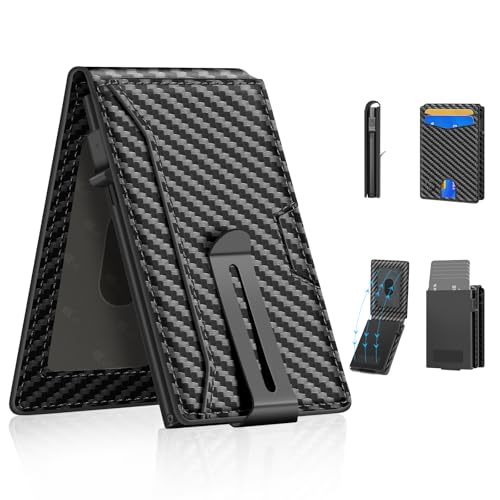 Wallet for Men with Money Clip, Mens Minimalist Wallet 5-8 Cards, Slim Compact Wallet with Money Clip & ID Window, Pop Up Card Wallet, Metal Aluminum Credit Card Holder Bifold Wallet (Carbon)