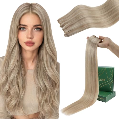 Image of Ugeat Weft Hair Extensions Human Hair, Hair Extensions Sew in 20 Inch 100g, Sew in Extensions Softness, Ash Blonde Highlights Medium Blonde