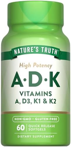 Nature's Truth Vitamin ADK | 60 Softgels | High Potency of Vitamin A, D3, K1 & K2 | Non-GMO & Gluten Free Supplement
