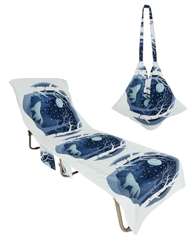 Christmas Beach Lounge Chair Towel Cover, Soft Chaise Lounge Towel with Side Pockets Patio Pool Chairs Cover for Beach/Pool Sunbathing 29x85 Navy Blue Wolf Forest Xmas Winter Snowflake