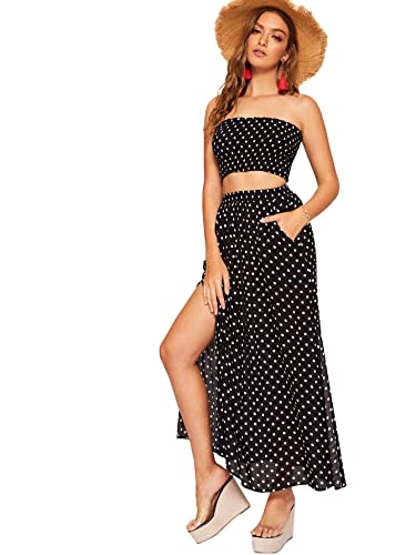 Floerns Women's Summer Printed 2 Piece Outfit Crop Tube Tops And Split Long Skirt Set Black New M #TOP2