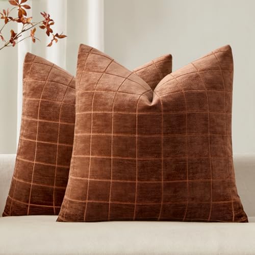 Image of MIULEE Burnt Orange Plaid Fall Decor Throw Pillow Covers 18x18 Set of 2 | Vintage Check Chenille Couch Pillows Boho Farmhouse Cushion Covers Modern Fall Home Decor for Sofa Bed Living Room