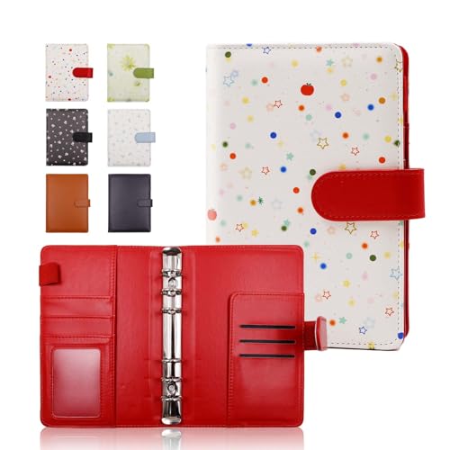 A6 Binder 6 Ring Refillable Notebook Planner Cover Small Leather Organizer Empty Binder for Budget Journal Photocard Holder Recipe Book Aesthetic Loose Leaf with Magnetic Buckle(floral red a6)