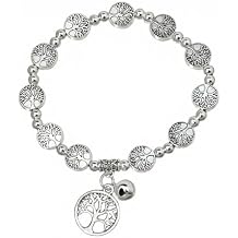 Tree of Life Stretch Bracelet with Silver-Toned Beads, Elastic Cord, 6cm Diameter, 12g, Spiritual Jewelry for Women, Symbolic Gift