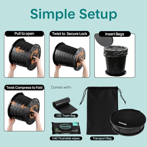 Image of SereneLife Foldable Toilet Seat for Camping, Adjustable Height Portable Travel Potty with Lid, Carry Bag, Non-Slip Base, 331 lbs Capacity + 3-Pack Flushable Wipes, for Car, Hiking, Outdoor Use, Black