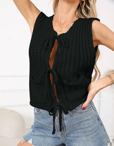 Image of Trendy Cardigan Sweater Vest Crochet Knit Top Sleeveless Bows with Pockets