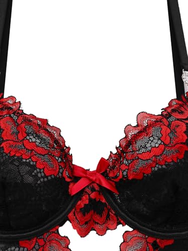 Image of Foxiny Sexy Lingerie Set 3 Piece Women Corset Bodysuit | Sheer Mesh Lace Push-Up Underwire Heart Garter Stocking Plus Size Curvy Exotic Costume Halloween Christmas Valentine's Day