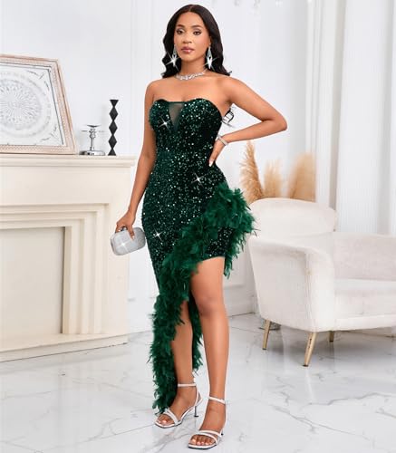 Image of dasmzper Women's Sexy Sequin Off The Shoulder V Neck Mesh See Through Dress Feather Hem Bodycon Evening Maxi Dress
