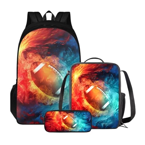 Set di 3 zaini per la scuola con borsa per il pranzo e astuccio zaino per libri universitari per studenti allaperto Calcio Vintage Fire Taglia unica Zaini Daypack