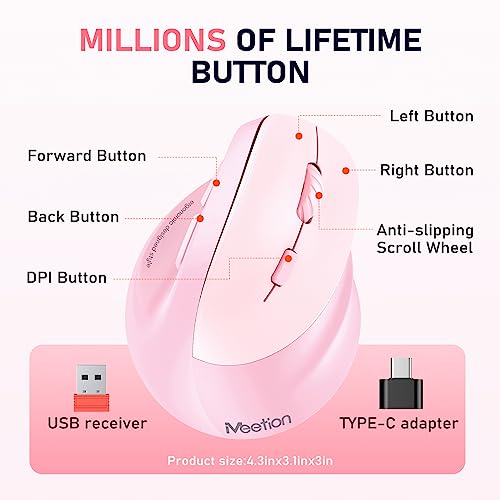 Image of MEETION Ergonomic Wireless Mouse, Bluetooth Vertical Mouse with RGB, Pink | Bluetooth 5.2 /3.0 and USB-A, Comfortable vertical design, 4 adjustable DPI levels for Mac, Windows, Android, PC and tablets