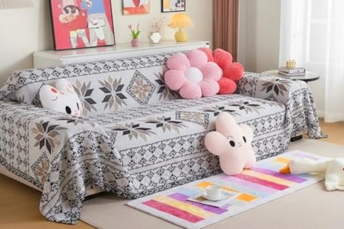 Image of The Furnishing Tree Reversible Double Sided Chenille Throw Sofa Cover, Anti-Slip Couch Cover, Comfy Sofa Towel for All Seasons, 3 Seater, Geometric and Floral Pattern White and Grey