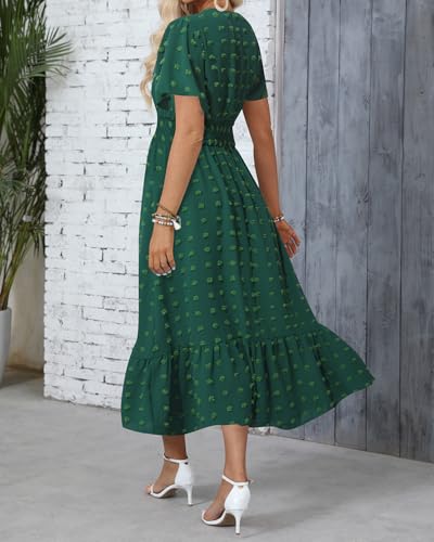 Image of Women Maxi Dresses Boho V Neck Swiss Dot Ruffle Summer Short Sleeve High Waist Tiered Flowy Smocked Cocktail Dresses