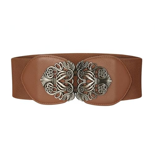 BlackButterfly 3 Inch Wide Waspie Elastic Vintage Buckle Waist Belt (Brown, XL)