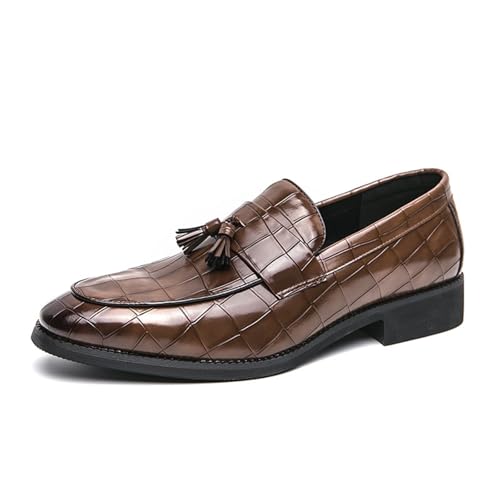 Men's Classic Leather Printed Dress Loafers with Tassel Fashion Round Toe Slip On Comfort Soft Sole Chunky Heel Formal Dress Shoes for Party Wedding Business Work Office