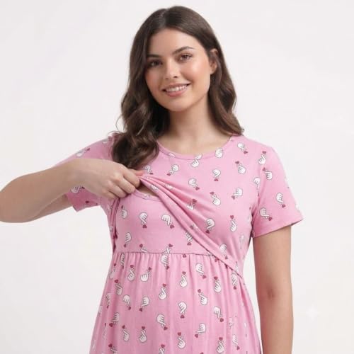 Image of Zero Clothing Feeding Dress for New Moms Casual Loungewear Ankle Length | Cotton Maternity Nighty | Zipless Feeding Dresses for Women | Pregnancy & Nursing Wear