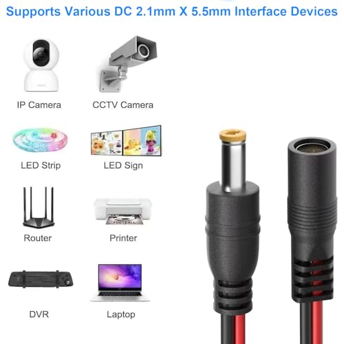 (Real 18AWG) 1 Pairs 12V 5A DC Power Pigtail Barrel Plug Connector Cable, 2.1mm x 5.5mm Male Female DC Pigtail Connectors for CCTV Security Camera and 12V Power Supply Adapter (1 Male+1 Female) - Image 6