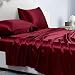 Jemiipee Juego de Sabanas de 4 Piezas Raso Cama 150 Color Sólido 150x200 cm para Colchón de hasta 36 cm de Altura - Sábana Bajera Ajustable, Encimera y 2 Funda de Almohada - Vino Rojo