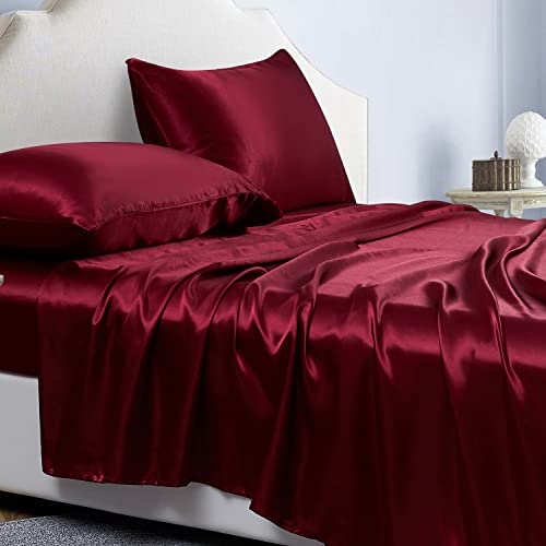 Jemiipee Juego de Sabanas de 4 Piezas Raso Cama 150 Color Sólido 150x200 cm para Colchón de hasta 36 cm de Altura - Sábana Bajera Ajustable, Encimera y 2 Funda de Almohada - Vino Rojo