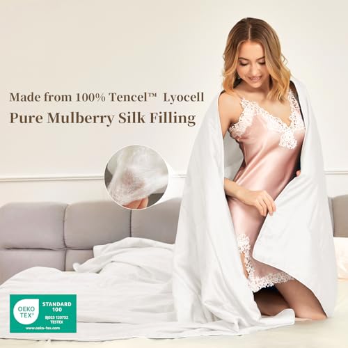 Image of THXSILK All-Season Mulberry Silk Comforter & Blanket, 100% Pure Natural Silk Filling, Lightweight Soft Bed Cover for Bedroom, Sofa, Camping, Cozy Machine Washable Luxury Bedding(King 106 inchx90 inch, White)