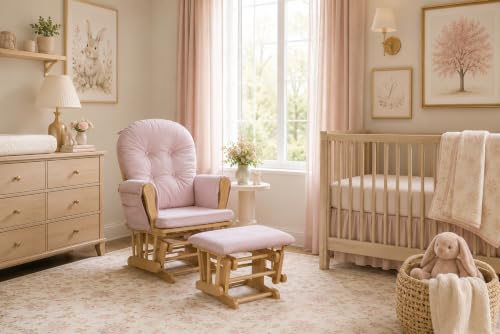 Image of Suite Bebe Mason Nursery Rocking Chair with Ottoman, Wooden Glider for Baby Nursing, Smooth Gliding Rocker, Natural Wood Finish and Pink Fabric