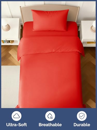 Image of Kids Twin Size Bed Sheet Set - 3 Piece Kids Loft Bed Sheets - Solid Red Themed Bedding - Soft, Cute and Cozy - Breathable and Machine Washable - Bedding for Boys, Girls, Teens & Toddlers - Oeko-Tex