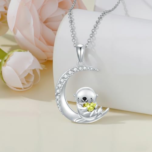 Image of PROESS Animal Birthstone Necklace 925 Sterling Silver Otter /Axolotl /Hippo /Elephant /Dachshund /Monkey /Red Panda Pendant Necklace Animal Birthstone Jewelry Gifts for Women