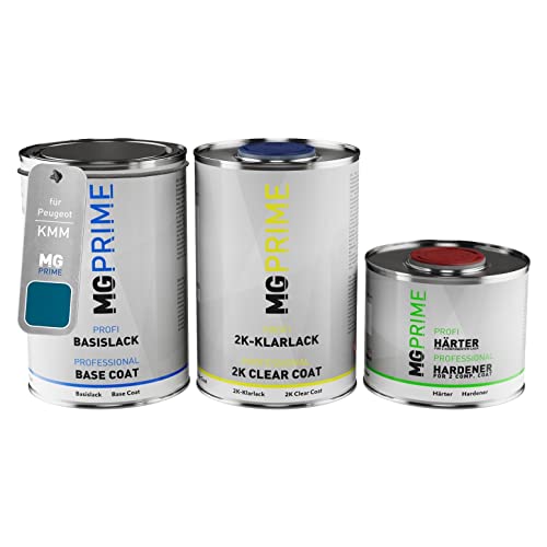 MG PRIME Peinture voiture kit de pot pour Peugeot KMM Bleu Storm Metallic/Storm Blue Metallic couche de base vernis 2C durcisseur prêt à pulvériser 2,5l