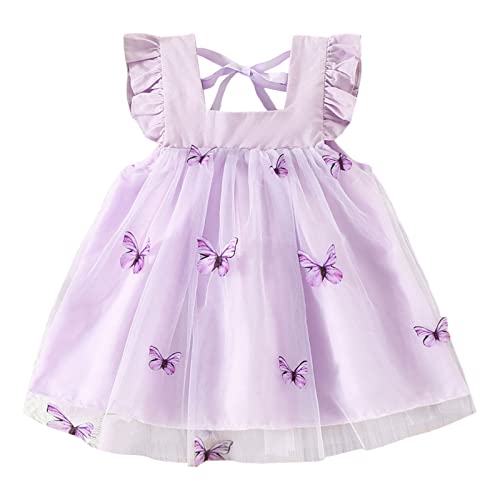 Toddler Baby Girls Butterfly Print Tulle Dress Flutter Sleeve Princess Dresses Kids Pageant Dress Party Gown