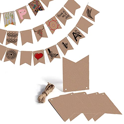 Huieago 30pcs Kraft Card Bunting - Make Your Own Bunting Kit, Flag Bunting with Jute String for Garden Party Decorations Outdoor & Party Decorations Supplies, Personalised Birthday Banners (500)