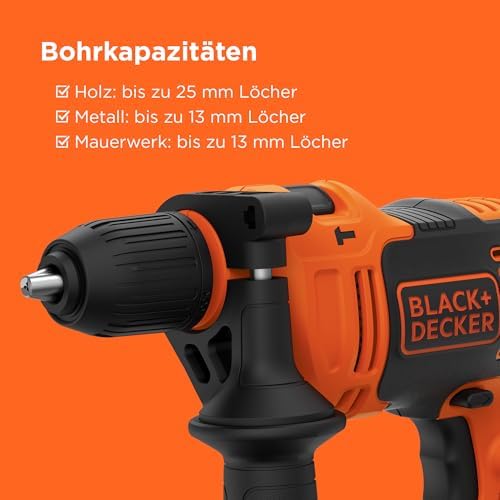 Bild 3 - BLACK+DECKER 710W 1-Gang Schlagbohrmaschine (13mm Schnellspannbohrfutter, konstanter Rechts-/Linkslauf, Griffgummierung, Zweihandgriff, inkl. 2x HSS Bohrer, 2x Steinbohrer, im Koffer) ‎BEH710K-QS