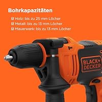 BLACK+DECKER 710W 1-Gang Schlagbohrmaschine (13mm Schnellspannbohrfutter, konstanter Rechts-/Linkslauf, Griffgummierung, Zweihandgriff, inkl. 2x HSS Bohrer, 2x Steinbohrer, im Koffer) ‎BEH710K-QS – Ansicht 4