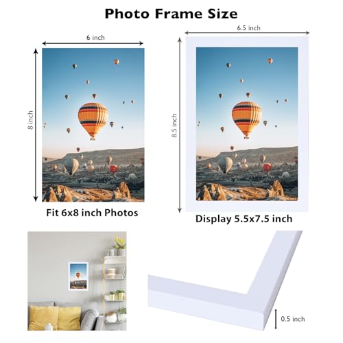 Image of JCJMY 6x8 Picture Frame White for Wall Hanging or Tabletop, Wall Mounting Horizontally or Vertically, 6 x 8 Wall Gallery Poster Photo Frame with Shatter Resistant Plexiglass, White
