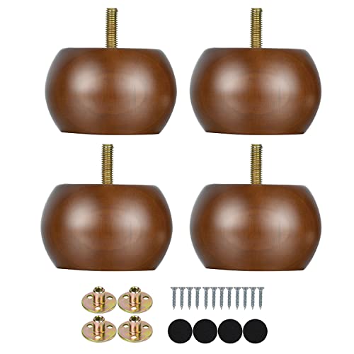 Maricome 2 Inch Bun Furniture Feet Walnut Round Solid Wooden Ottoman/Couch/Sofa Legs Set of 4 Pre-drilled M8 Bolt with Metal Brackets