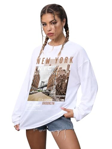 Image of CHKOKKO Oversized Round Neck Drop Shoulder Printed Polyester Full Sleeves T-Shirt for Women