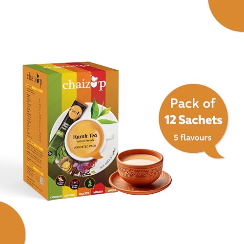 Image of Chaizup Premium 1 Min Instant Karak Tea Premix - Assorted Pack (12 Sachets, 5 Flavors) | Milk Tea, Saffron, Ginger, Masala, Cardamom | 12 Sachets