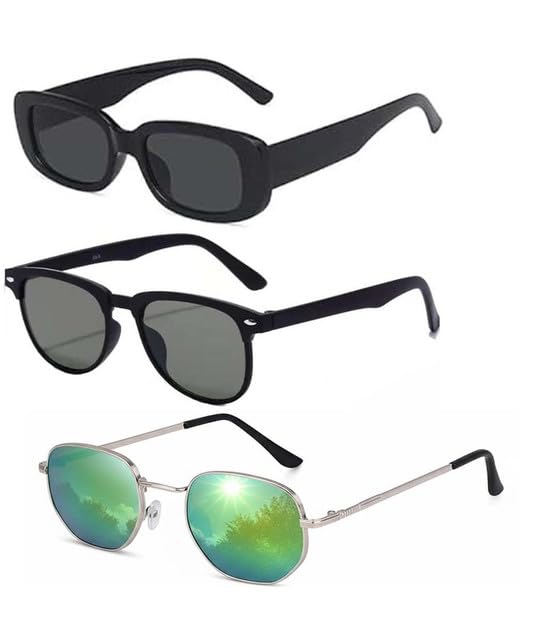 Y&S Unisex Goggle Combo| Combo Offer Pack of Branded Latest Stylish| Black Candy Black Round Green Hexagonal for Men and Women with Box|3-1198