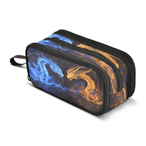 Image of Blue Dragon Orange Dragon Pencil Case 3 Compartment Pen Bag Pouch Holder Box School Portable Stationery Storage Bag for Girls Boys