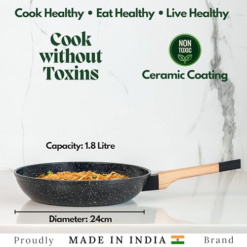 Image of Kreme Ceracook Ceramic Coated Granite Fry Pan 1.8L /24cm with Glass Lid, ISI Certified Frying Pan, Forged Aluminium, Gas & Induction Use, Non Toxic, PFAS & PTFE Free, 1 Year Warranty, Black
