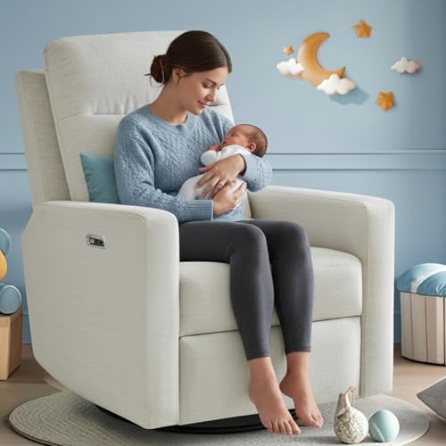 Image of K Knowbody Power Nursery Rocking Chairs, 270° Oversized Swivel Rocker Recliner w/USB & Type-C Charging Port, Rotating Rocking Reclining Nursing Chair for Breastfeeding, Living Room,Bedroom,Beige