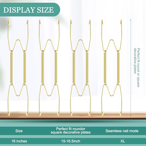 Image of Hotop 12 Pieces Plate Hangers for Wall Stainless Steel Wire Invisible Plate Hangers Heavy Duty Display Holders with 12 Pieces Hooks for Wall Decoration(16 Inch,Gold)