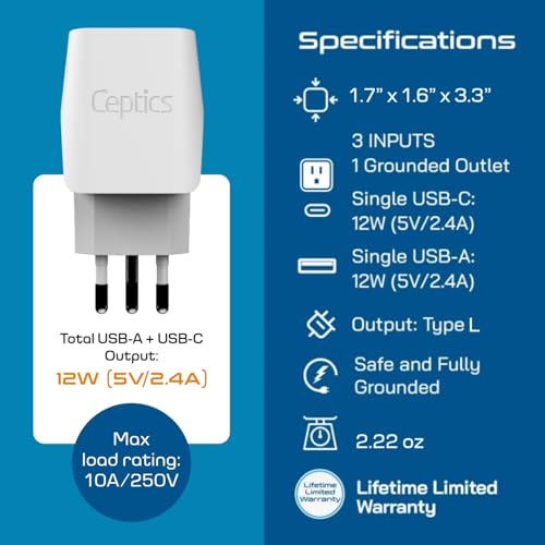 Image of Italy, Chile, Uruguay Travel Adapter Plug by Ceptics with Dual USB - USA Input - Type L - Ultra Compact - Perfect for Cell Phones, Laptop, Camera Chargers, iWatch, iPad, iPhone and More (CTU-12A)