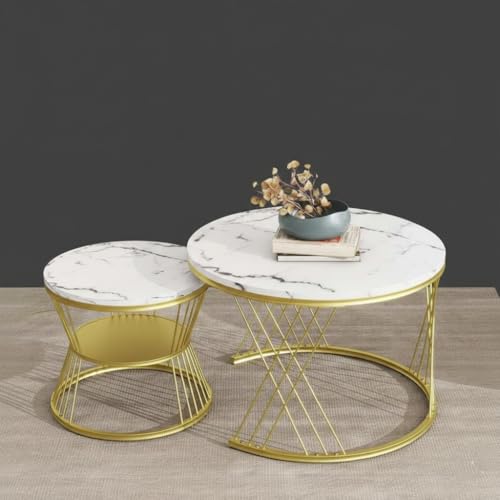 Image of The Round Coffee Table and The Stacking Tea Table with a Gold Metal Frame are Two Versatile Modern Center Tables that Look Great in Living Rooms (X White Gold)
