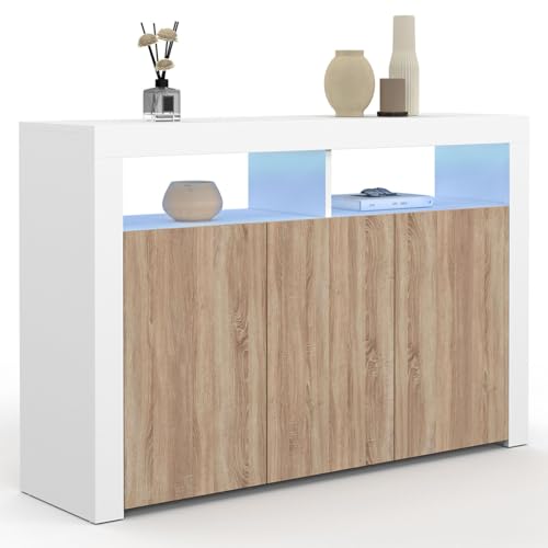 IDMarket ELIGHT - Aparador de 110 cm, 3 puertas con LED y nichos blanco y madera de haya