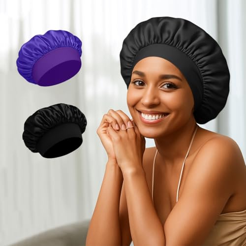 Satin Bonnet with Silk Wide Band, 2 Pcs Set for Sleeping Women, Regular Bonnets for Curly Hair, Long Hair & Braids,Black+Purple