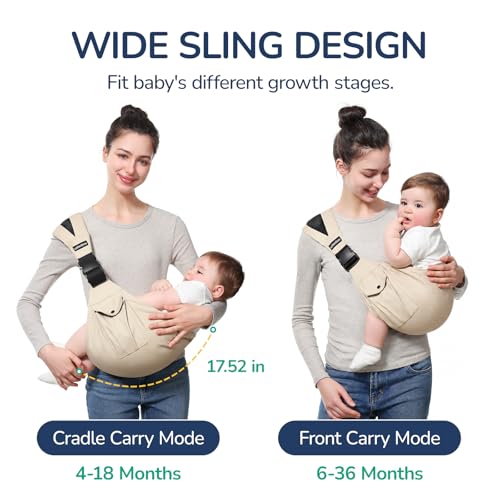 Image of Baby Sling Carrier for Toddlers 4-36 Months (8-35 lbs), Ergonomic Hip Carrier with Wide Shoulder Padding, Adjustable Waist Strap & Storage Pocket, 100% Cotton, Hands-Free & Comfortable,Beige
